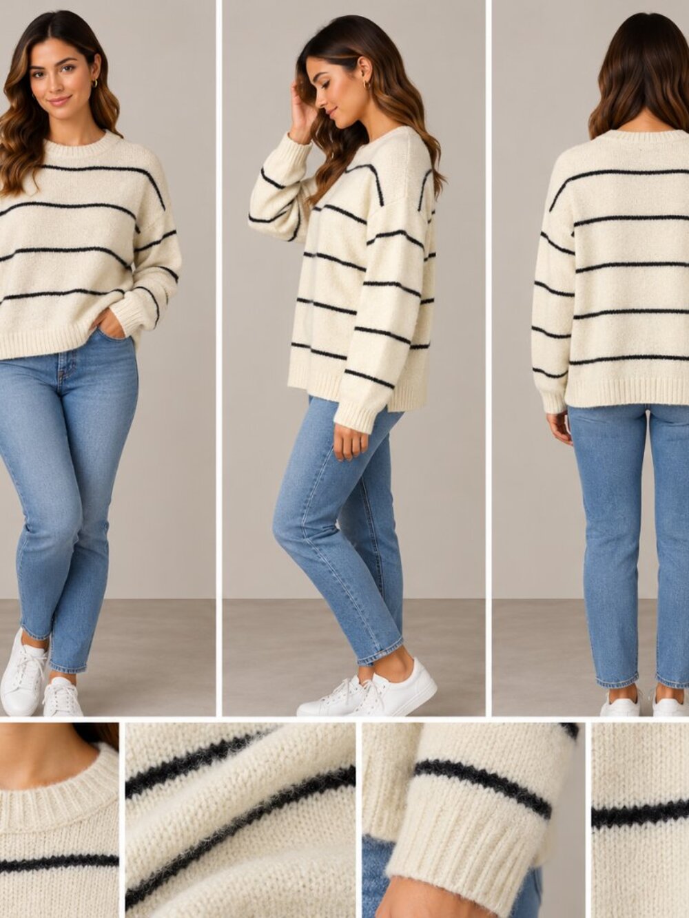 Lush Women’s Ivory Black Striped Crewneck Knit Sweater S